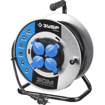 Удлинитель ЗУБР &quot;ПРОФИ&quot; на металл катушке, КГ 3х1,5кв мм, морозостойкий, 4 гнезда, IP44, макс мощность 3500Вт, 30м 55085-30 купить в Перми