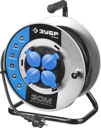 Удлинитель ЗУБР &quot;ПРОФИ&quot; на металл катушке, КГ 3х1,5кв мм, морозостойкий, 4 гнезда, IP44, макс мощность 3500Вт, 30м 55085-30 купить в Перми