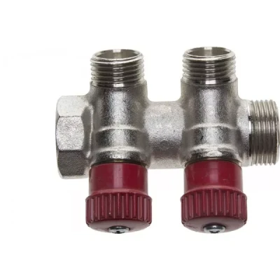 Коллектор GENERAL FITTINGS для горячей воды, вентили, никелированная латунь, вход 3/4" - 2 выхода 1/2" 51046-3/4-1/2-HT2