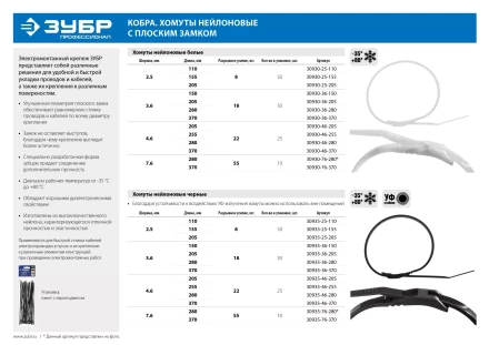 Кабельные стяжки белые КОБРА, с плоским замком, 3.6 х 370 мм, 50 шт, нейлоновые, ЗУБР 30930-36-370 купить в Перми