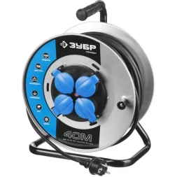 Удлинитель ЗУБР "ПРОФИ" на металл катушке, КГ 3х1,5кв мм, морозостойкий, 4 гнезда, IP44, макс мощность 3500Вт, 40м 55085-40