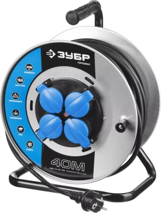 Удлинитель ЗУБР &quot;ПРОФИ&quot; на металл катушке, КГ 3х1,5кв мм, морозостойкий, 4 гнезда, IP44, макс мощность 3500Вт, 40м 55085-40 купить в Перми