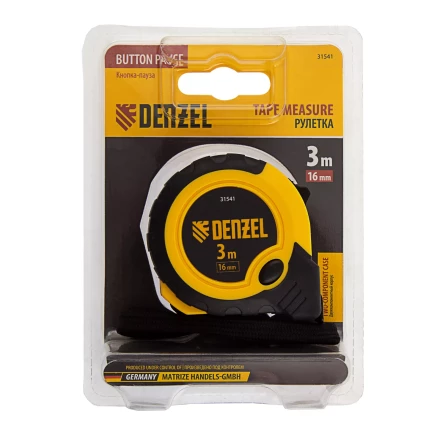 Рулетка Denzel 3м х 16мм, двухкомп. корпус, кнопка-пауза, 31541 купить в Перми