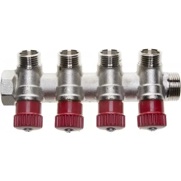 Коллектор GENERAL FITTINGS для горячей воды, вентили, никелированная латунь, вход 3/4" - 4 выхода 1/2" 51046-3/4-1/2-HT4 купить в Перми