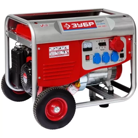 Электростанция ЗУБР бензиновая, 4-х тактная, ручной пуск, колеса + рукоятка, 380/220В, 5500Вт ЗЭСБ-5500-ФН купить в Перми