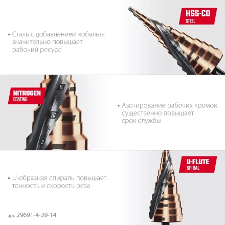 Ступенчатые сверла, сталь c кобальтом, спиральная проточка, 3Т хвостовик 29691-4-39-14 купить в Перми