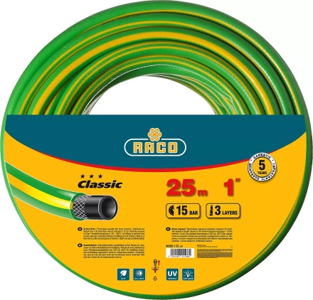 Шланг RACO &quot;CLASSIC&quot; поливочный, 15атм., армированный, 3-х слойный, 1&quot;х25м 40306-1-25 купить в Перми