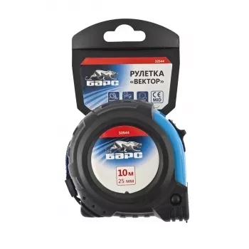 Рулетка Вектор 10 м х 25 мм, утолщенное полотно, магнитный зацеп, обрезиненный корпус  БАРС 32544 купить в Перми