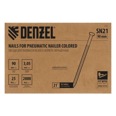 Гвозди для пнев. нейлера крашен. длина 90 мм диаметр 3.05 мм 2000 шт  Denzel 57700 купить в Перми