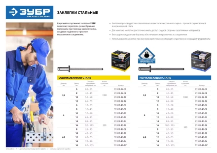 Заклепки ЗУБР стальные, 4,0x10мм, 500шт 31313-40-10 купить в Перми