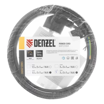 Шнур сетевой Denzel Energy Series, ПВС, 3 м, 3 x 1 мм, с неразборной вилкой, черный, 3 м, 37667 купить в Перми