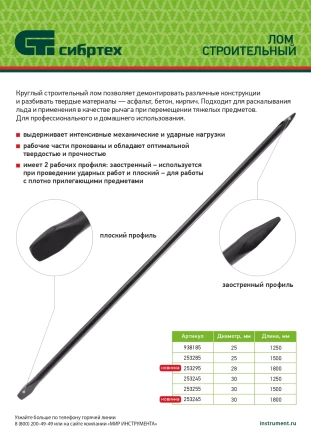 Лом строительный Сибртех 253295, D 28 мм, L 1800 мм, круглый купить в Перми