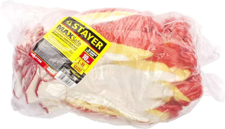Перчатки STAYER "МASTER" MaxSafe трикотажные, двойная обливная ладонь из латекса, х/б, 13 класс, L-XL, 10 пар 11409-H10 купить в Перми