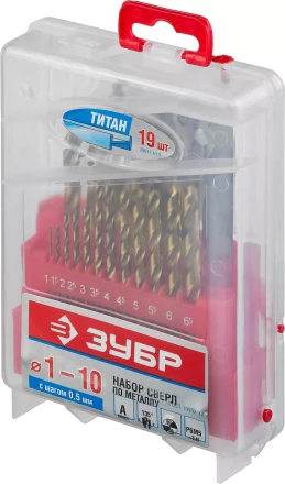 Набор свёрл по металлу с покр. нитрид титана ЗУБР ТИТАН, 29617-H19, в пласт боксе, HSS 1-10мм, 19 шт 29617-H19 купить в Перми