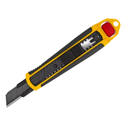 Нож Denzel, 18 мм, сменное лезвие, SK4, корпус из ABS + TPR, торцевой зажим, 78903 купить в Перми