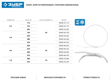 Кабельные стяжки белые КОБРА, с плоским замком, 4.6 х 280 мм, 25 шт, нейлоновые, ЗУБР 30930-46-280 купить в Перми