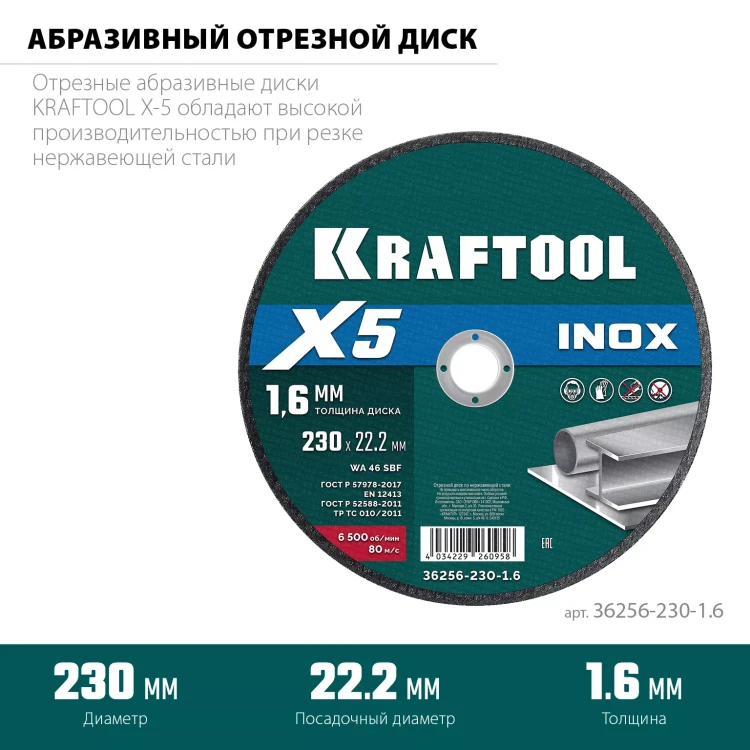 Круги отрезные абразивные, по нержавеющей стали 36256-230-1.6 купить в Перми