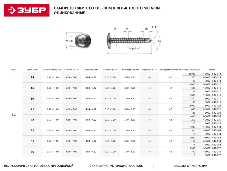 Саморезы ЗУБР с прессшайбой и сверлом по листовому металлу до 2 мм, PH2, 4,2х41 мм, 15шт 300216-42-041 купить в Перми