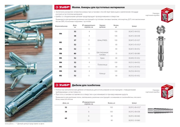 ЗУБР МОЛЛИ, М8 х 80 х 13 мм, 35 шт, анкер для пустотелых конструкций (302472-08-080) купить в Перми