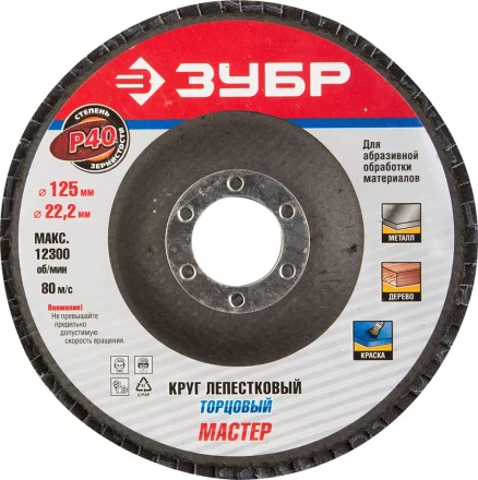 Круг шлифовальный ЗУБР &quot;ЭКСПЕРТ&quot; лепестковый торцевой, тип КЛТ 1, зерно-электрокорунд нормальный, P40, 125х22,2мм 36591-125-40 купить в Перми