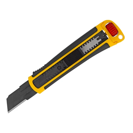 Нож, 25 мм, сменное лезвие, SK4, корпус из ABS + TPR, торцевой зажим Denzel 78908 купить в Перми