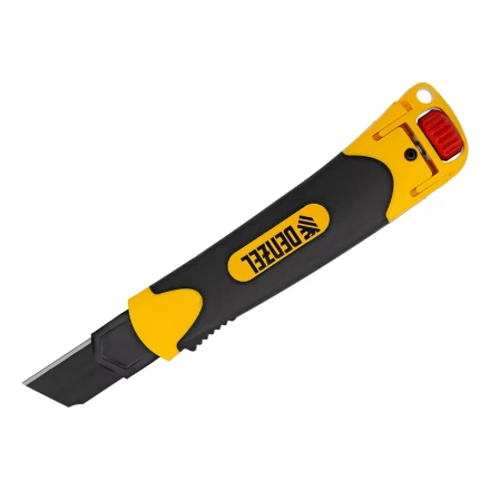 Нож, 25 мм, сменное лезвие, SK4, корпус из ABS + TPR, торцевой зажим Denzel 78908 купить в Перми