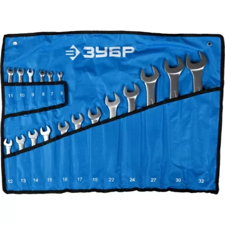 Набор ЗУБР &quot;ПРОФИ&quot;: Ключ гаечный комбинированный, Cr-V сталь, хромированный, 6-32мм, 18шт 27022-H18 купить в Перми