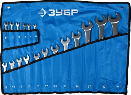 Набор ЗУБР &quot;ПРОФИ&quot;: Ключ гаечный комбинированный, Cr-V сталь, хромированный, 6-32мм, 18шт 27022-H18 купить в Перми