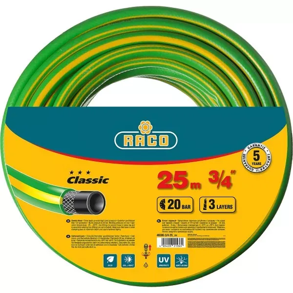 Шланг RACO CLASSIC поливочный, 20атм., армированный, 3-х слойный, 3/4"х25м 40306-3/4-25_z01 купить в Перми