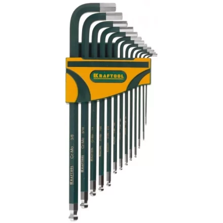 Набор ключей имбусовых KRAFTOOL&quot;INDUSTRIE&quot; длинные,дюймовые,Cr-Mo сталь(S2),Cr покрытие с противоскол напыл,SAE HEX0.05-3/8,13шт 27444-H13 купить в Перми