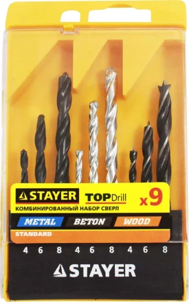 Набор STAYER &quot;STANDARD&quot;: Сверла комбинированные, дерево (4-6-8мм), металл (4-6-8мм), бетон (4-6-8мм), 9 предметов 29720-H9 купить в Перми