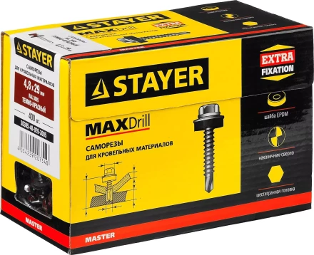 Саморезы СКД кровельные, RAL 3005 темно-красный, 29 x 4.8 мм, 400 шт, для деревянной обрешетки, STAYER 30305-48-029-3005 купить в Перми