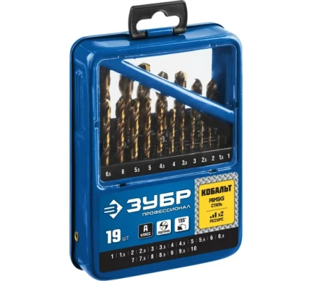 ЗУБР Кобальт, 19 шт, (1-10 мм), сталь Р6М5К5, класс А, мет.бокс, набор сверл по металлу, Профессионал (29626-H19) купить в Перми