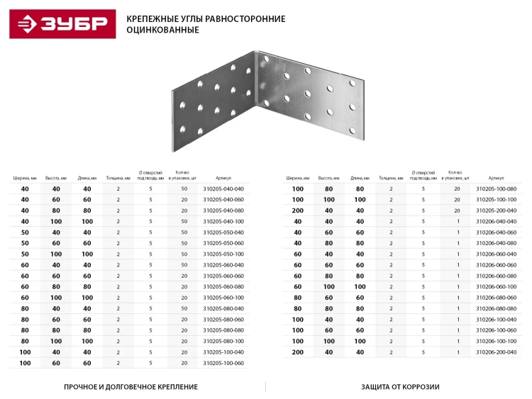 Крепежный угол ЗУБР "МАСТЕР" равносторонний, 50х40х40мм, 50 шт 310205-050-040 купить в Перми