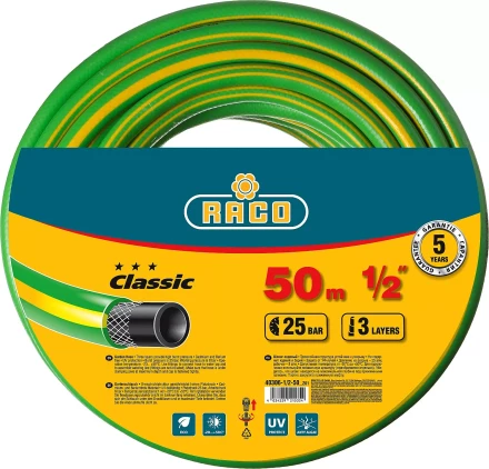 Шланг RACO CLASSIC поливочный, 25атм., армированный, 3-х слойный, 1/2&quot;х50м 40306-1/2-50_z01 купить в Перми