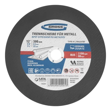 Круг отрезной по металлу, 300 x 3,2 x 32 мм, WA24TBF// Gross 74391 купить в Перми