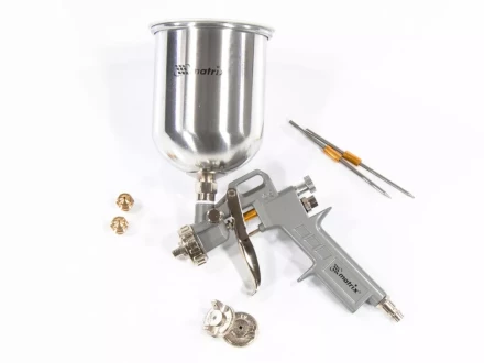 Пневматический краскопульт с верхним бачком V=1,0 л + сопла диаметром 1.2, 1.5 и 1.8 мм  MATRIX 57315 купить в Перми