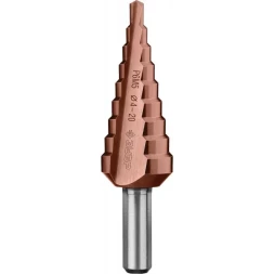 Сверло ЗУБР "КОБАЛЬТ" ступен. по сталям и цвет. мет. ст. Р6М5 с кобальт. покрыт., d=4-20мм, 9ст. d=4-20, L-75мм, 3-хгр.хв.8мм 29672-4-20-9_z01