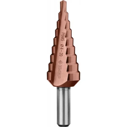 Сверло ЗУБР &quot;КОБАЛЬТ&quot; ступен. по сталям и цвет. мет. ст. Р6М5 с кобальт. покрыт., d=4-20мм, 9ст. d=4-20, L-75мм, 3-хгр.хв.8мм 29672-4-20-9_z01 купить в Перми