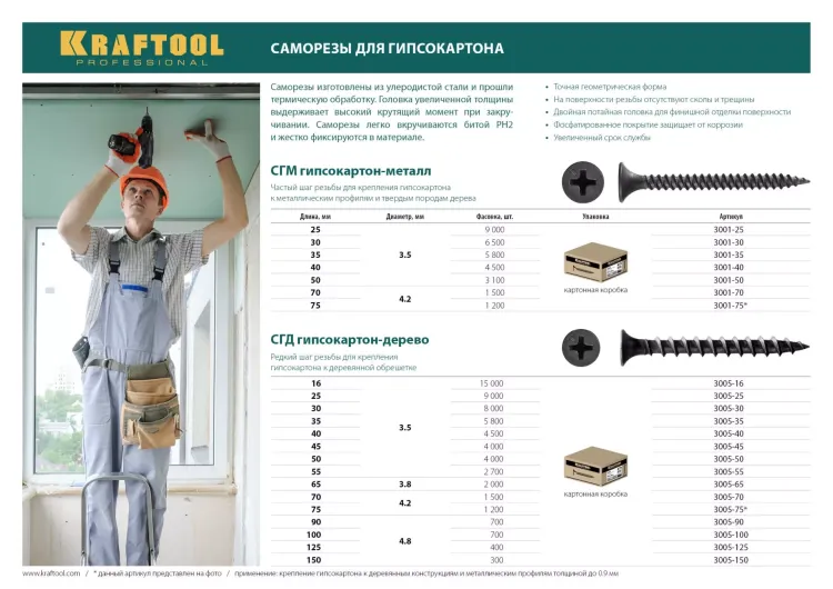 Саморезы СГД гипсокартон-дерево, 30 х 3.5 мм, 8 000 шт, фосфатированные, KRAFTOOL 3005-30 купить в Перми