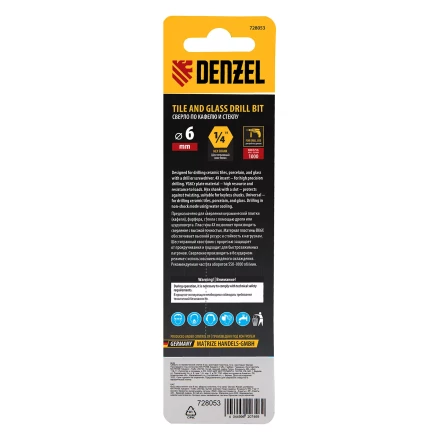Сверло по керамической плитке 6 мм Denzel, крестовая пластина, шестигранный хвостовик, 728053 купить в Перми