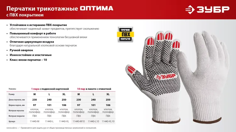 ЗУБР ОПТИМА, М (8), х/б перчатки с ПВХ покрытием (точка), 10 класс (11440-М) купить в Перми