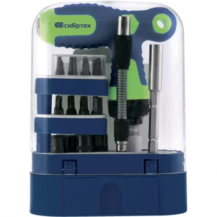 Отвертка Т-образная реверсивная с набором бит торцевых головок 33 предмета CrV Сибртех артикул 13382 купить в Перми