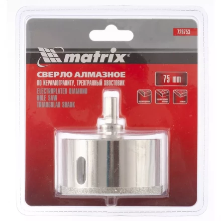 Сверло алмазное по керамограниту 75 х 67 мм 3-гранный хвостовик MATRIX 726753 купить в Перми