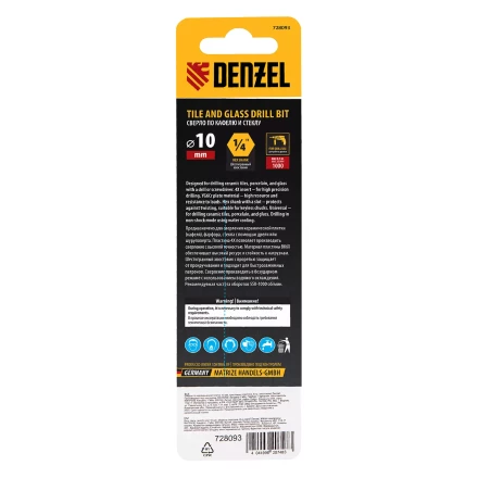 Сверло по керамической плитке Denzel 10 мм, крестовая пластина, шестигранный хвостовик, 728093 купить в Перми