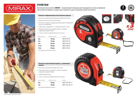 Рулетка, MIRAX 34013-08-25, 3 стопора, двухкомпонентный пластиковый корпус, 7,5мх25мм 34013-08-25 купить в Перми