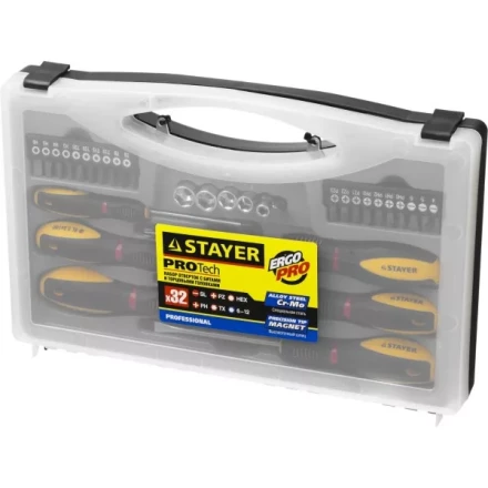 Набор STAYER "PROFESSIONAL" "PROTech": Отвертки, Cr-Mo, двухкомп рукоятка, намагниченные, 32 предмета, в кейсе 25134-H18_z01 купить в Перми