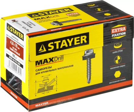 Саморезы СКД кровельные, RAL 3005 темно-красный, 70 х 4.8 мм, 160 шт, для деревянной обрешетки, STAYER 30305-48-070-3005 купить в Перми