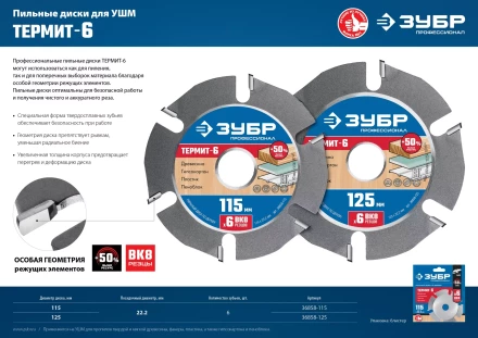 ЗУБР Термит-6, 115 х 22.2 мм, 6 резцов, для УШМ, усиленный, пильный диск по дереву, Профессионал (36858-115) купить в Перми