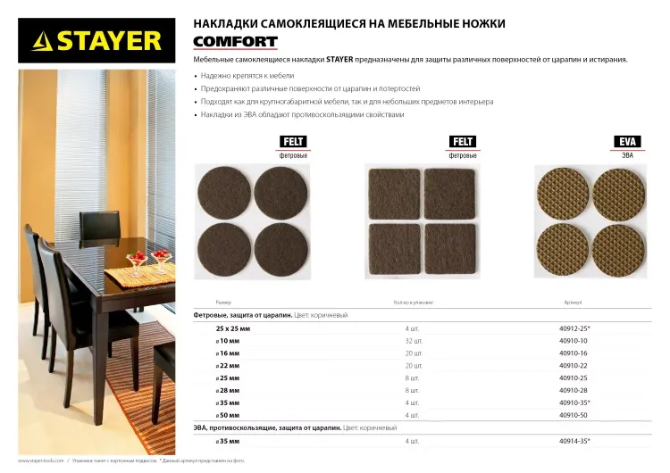 Накладки STAYER "COMFORT" на мебельные ножки, самоклеящиеся, фетровые, коричневые, круглые - диаметр 16 мм, 20 шт 40910-16 купить в Перми